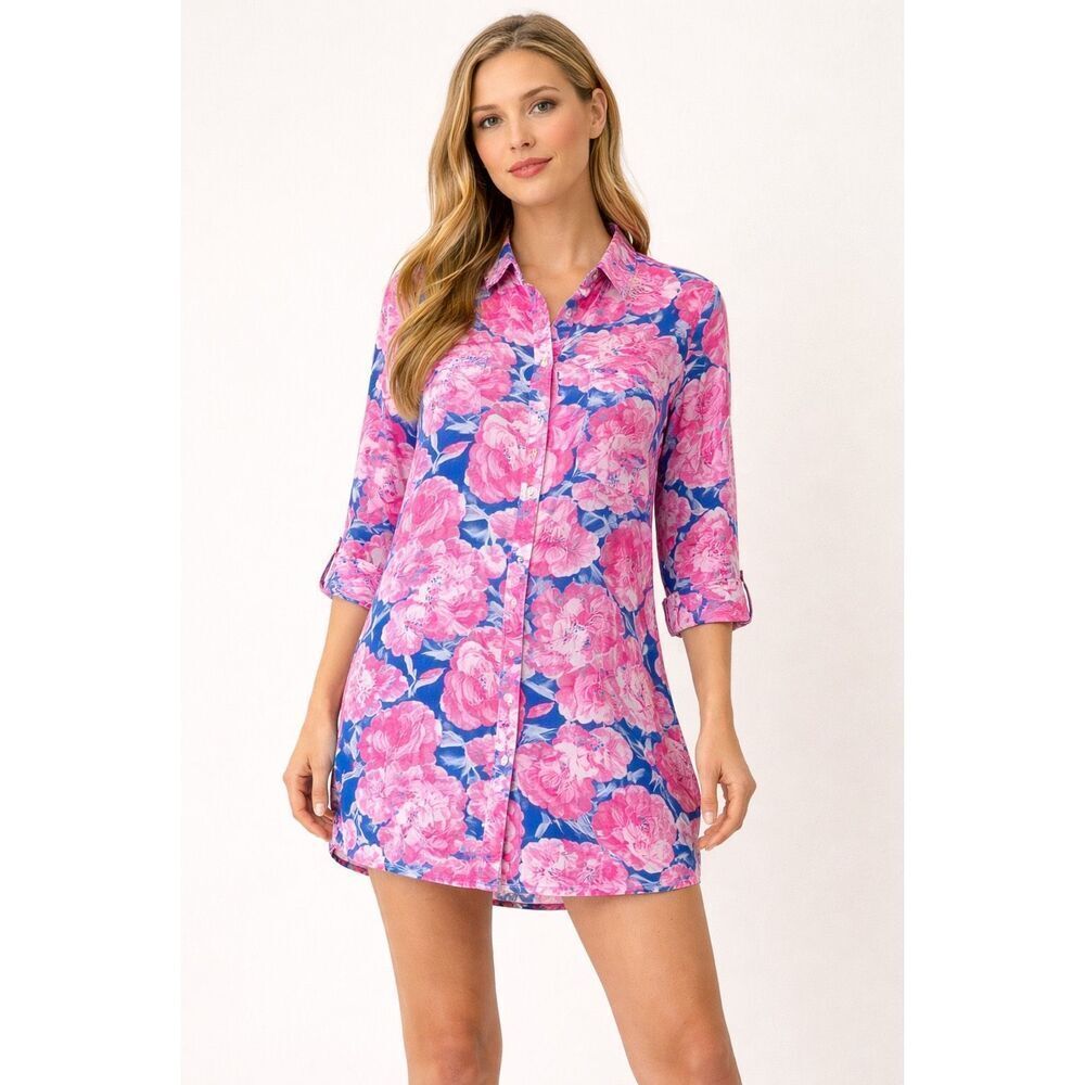 Entro Floral Shirt Dress Pink Blue Button Front Tunic Women S